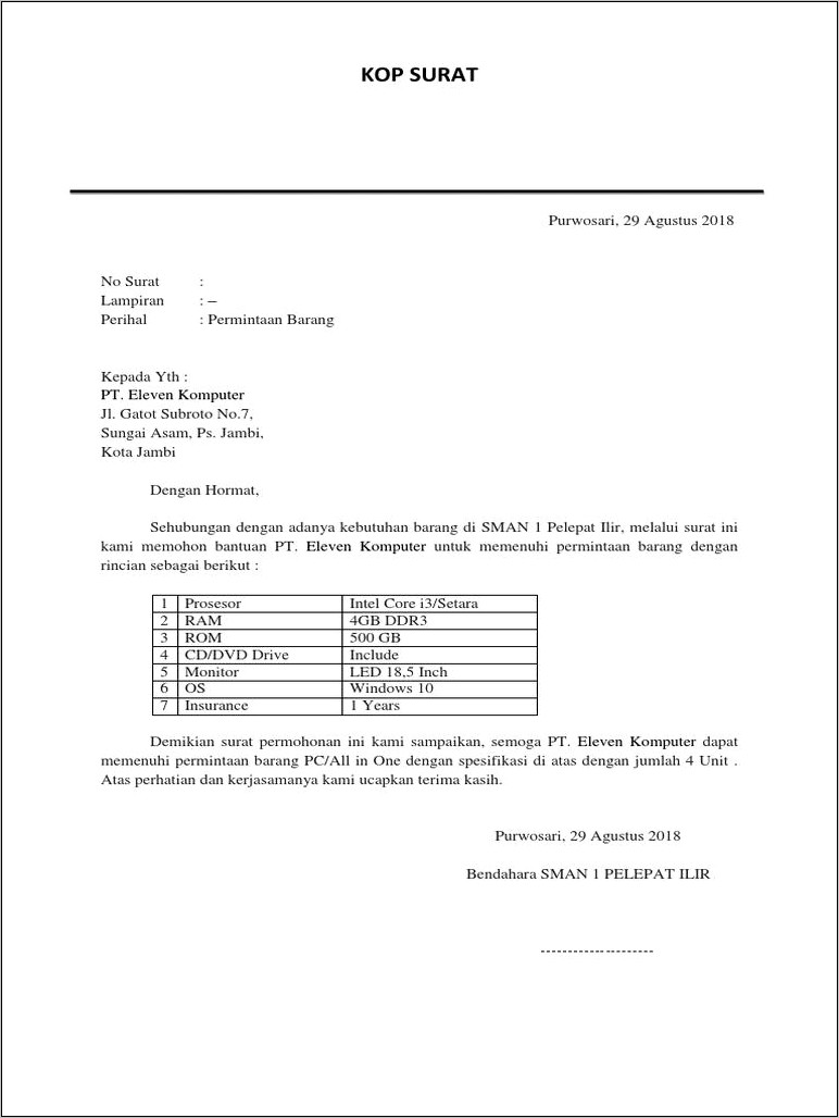 Contoh Surat Permohonan Permintaan Barang Kantor