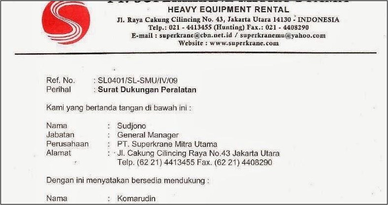 Contoh Surat Permohonan Permintaan Spare Part Alat Berat