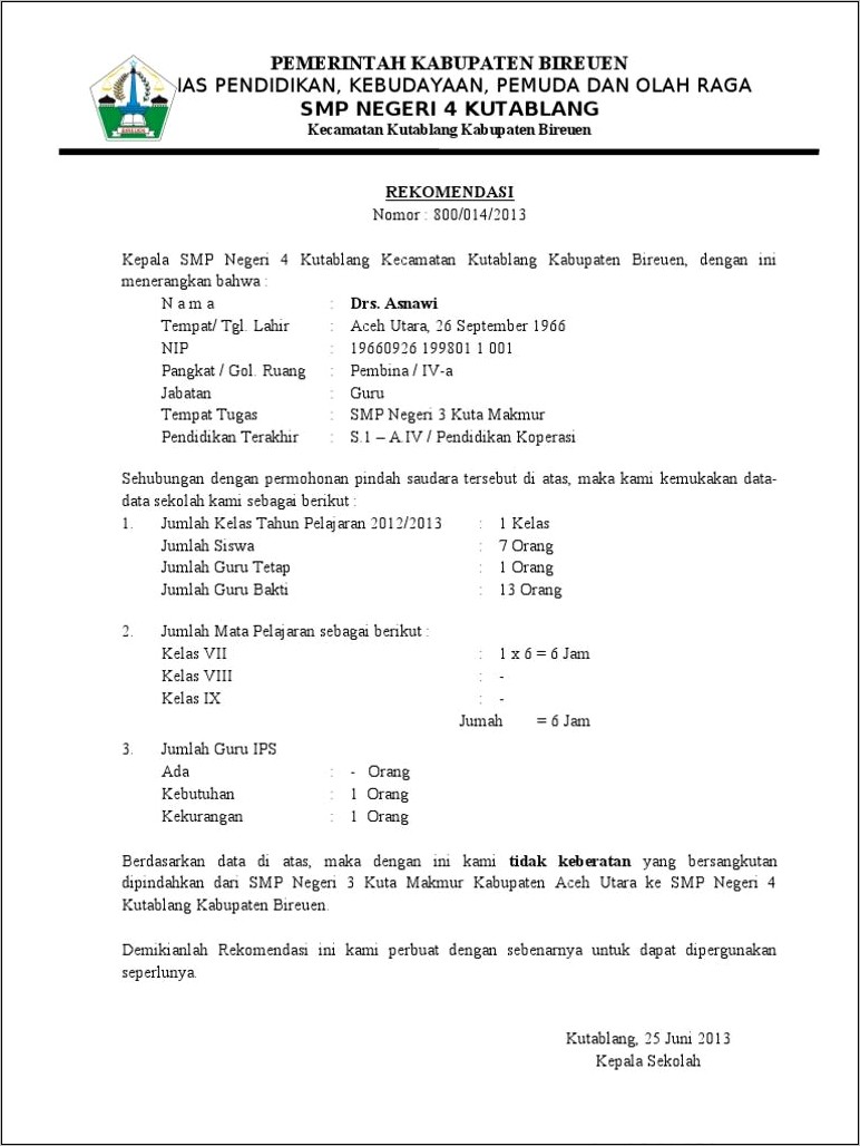 Contoh Surat Permohonan Permintaan Tenaga Guru Doc