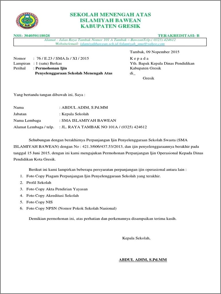 Contoh Surat Permohonan Perpanjangan Akreditasi Sekolah
