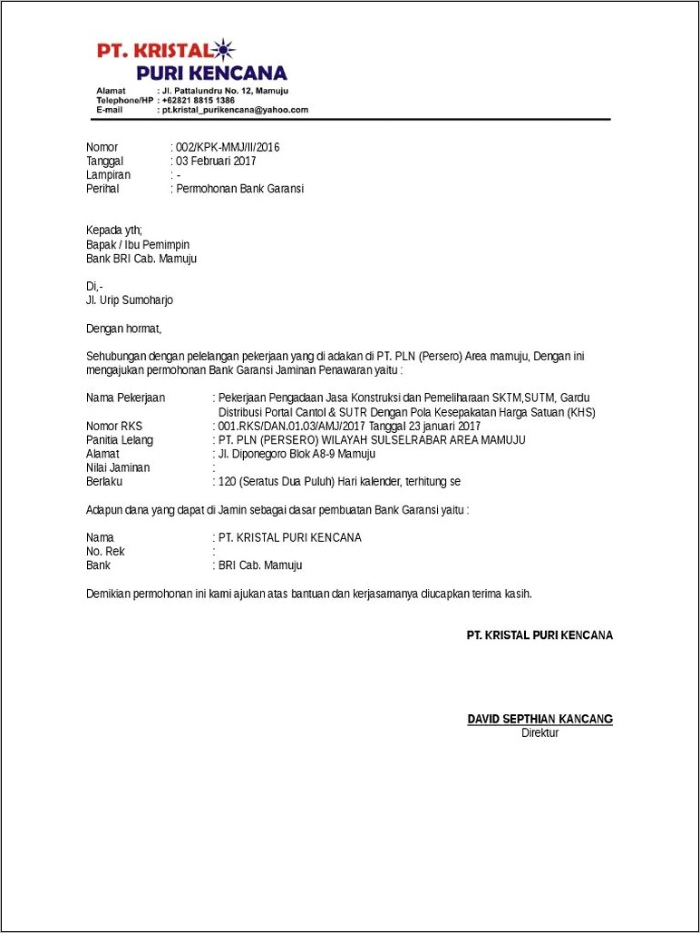 Contoh Surat Permohonan Perpanjangan Bank Garansi