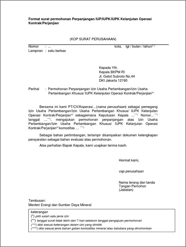 Contoh Surat Permohonan Perpanjangan Iup Op