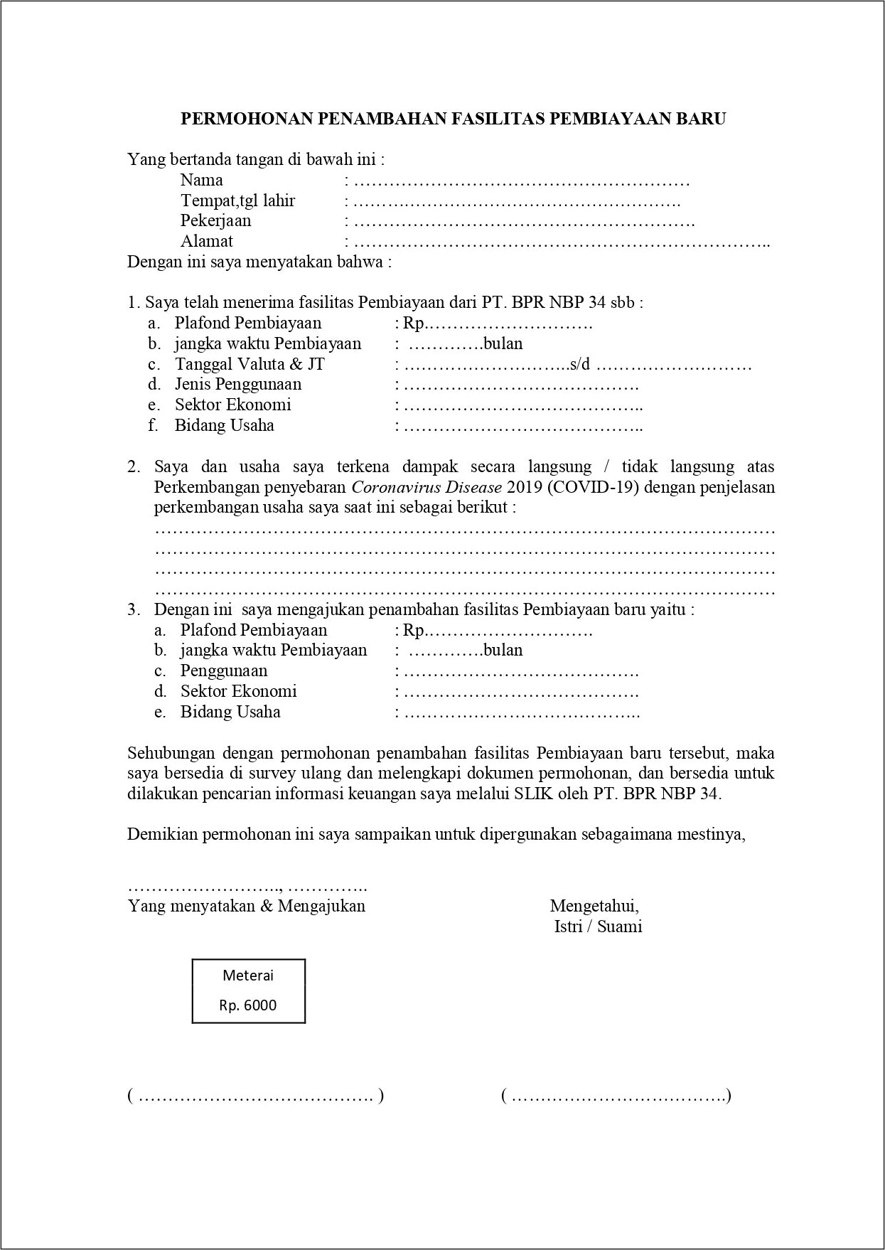 Contoh Surat Permohonan Perpanjangan Pembiayaan