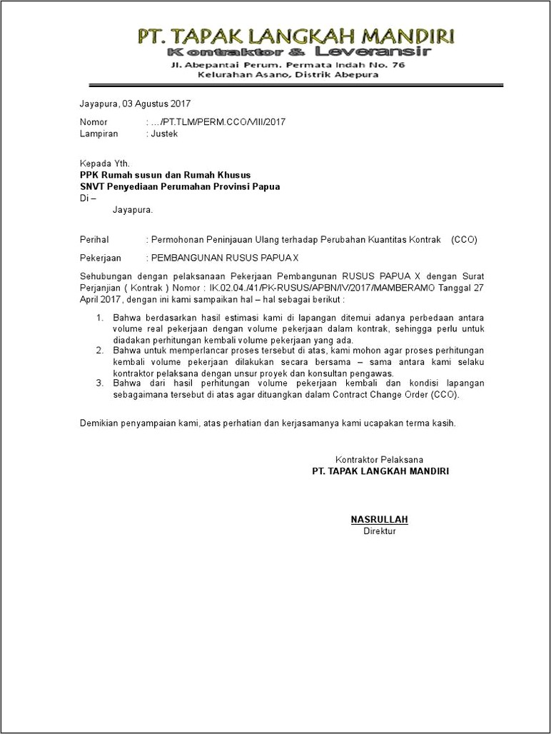 Contoh Surat Permohonan Perubahan Addendum Kontrak