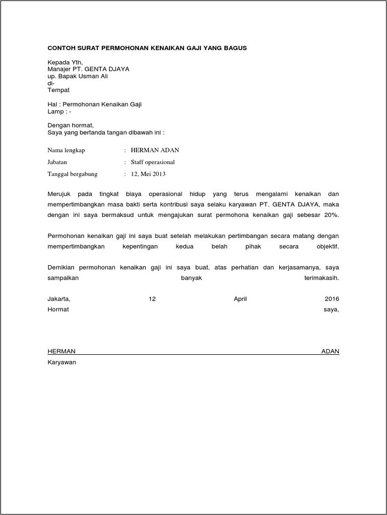 Contoh Surat Permohonan Perubahan Gaji