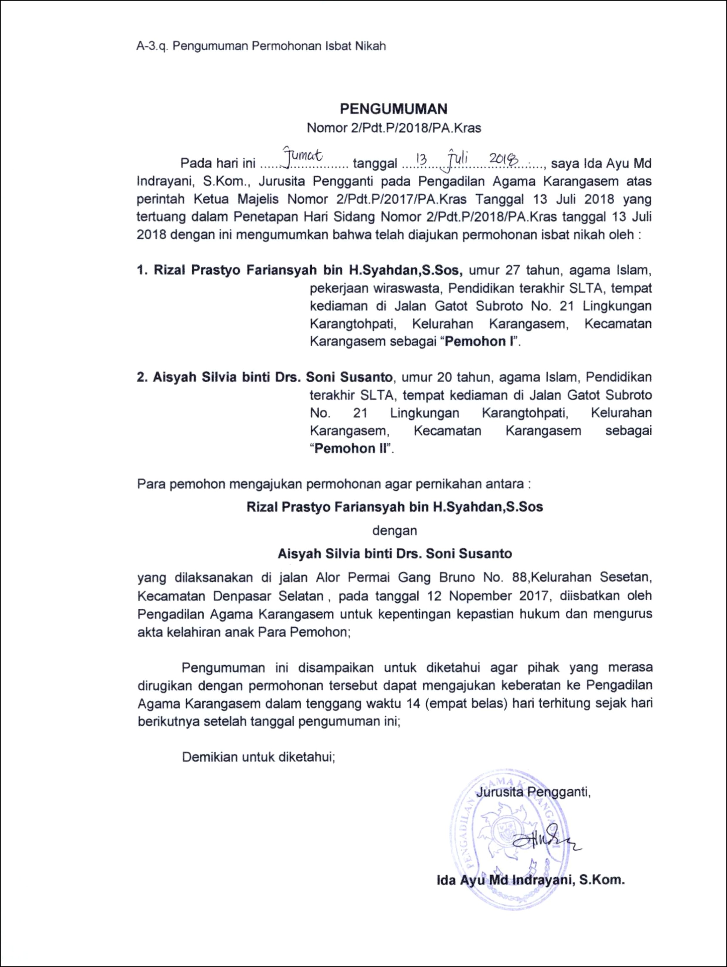 Contoh Surat Permohonan Perubahan Nama Di Akta Kelahiran