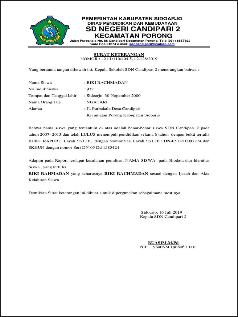 Contoh Surat Permohonan Perubahan Nama Di Rapor