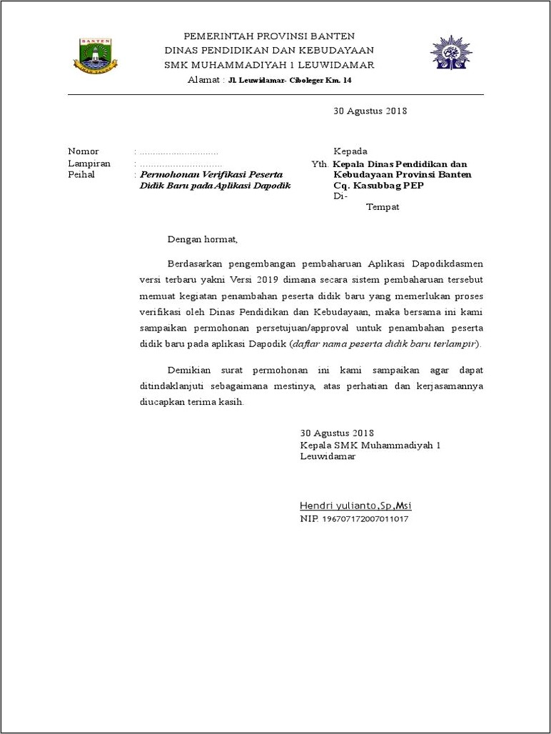 Contoh Surat Permohonan Peserta Kepada Kepala Dinas