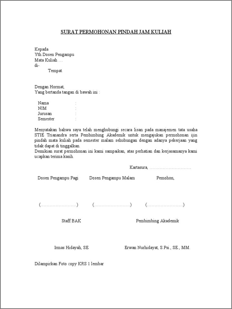 Contoh Surat Permohonan Pindah Dosen Pembimbing