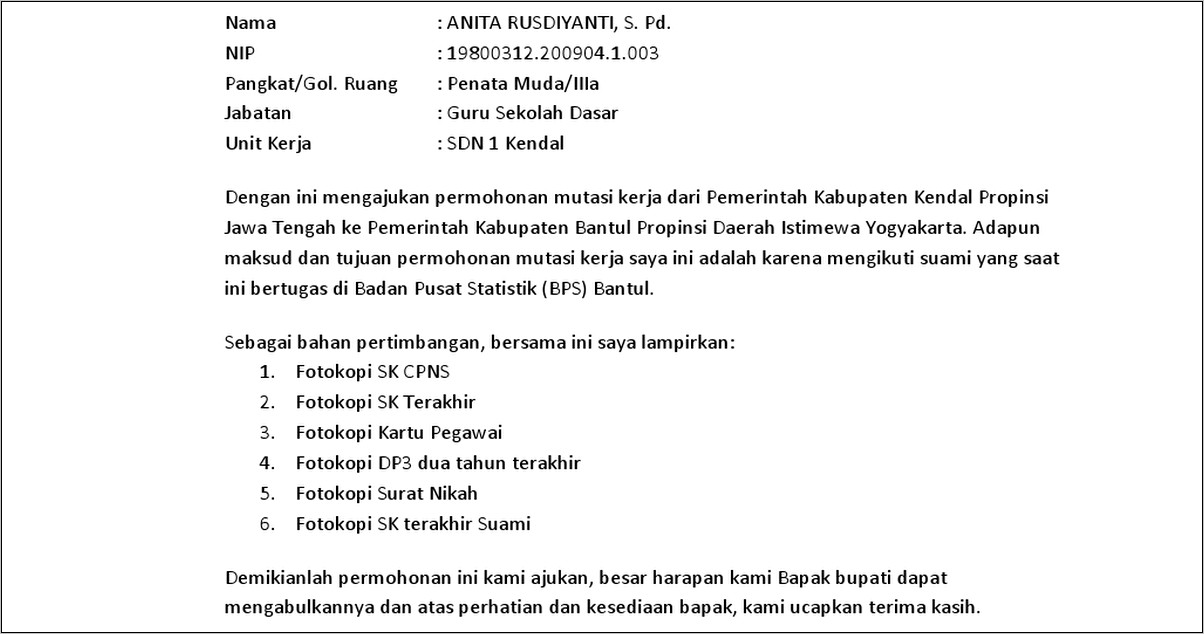 Contoh Surat Permohonan Pindah Karyawan