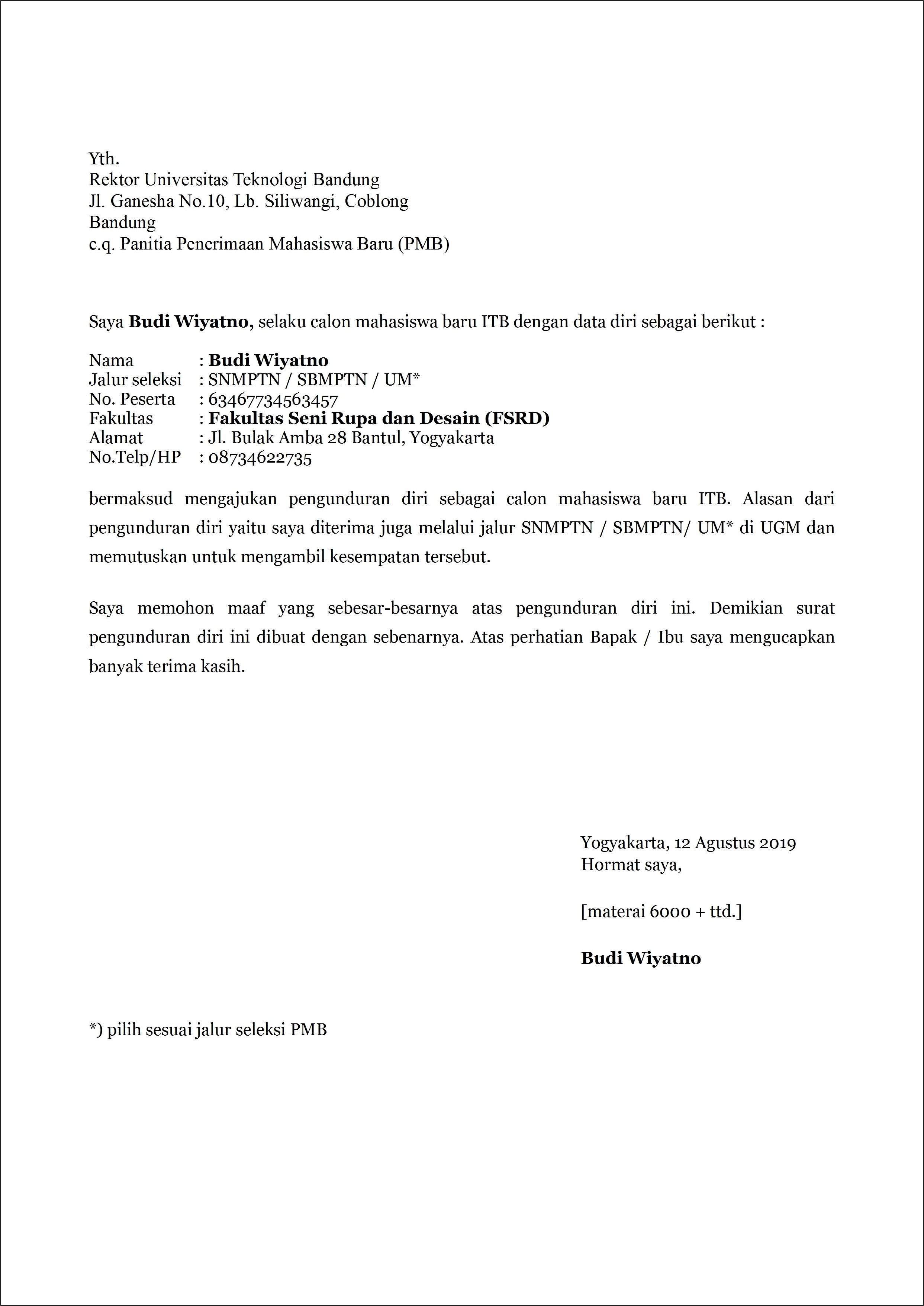 Contoh Surat Permohonan Pindah Kuliah Ke Rektor