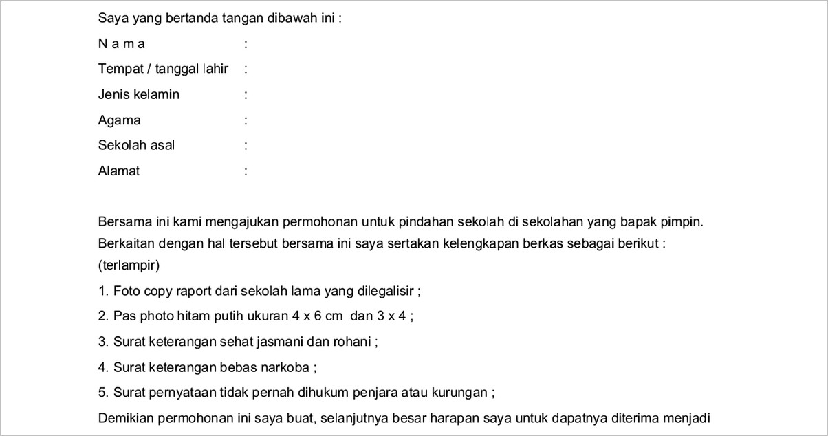 Contoh Surat Permohonan Pindah Masuk