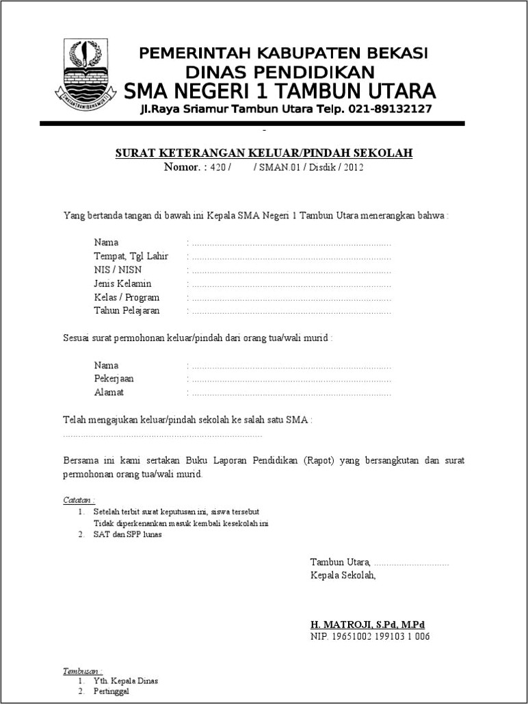 Contoh Surat Permohonan Pindah Sekolah Sma