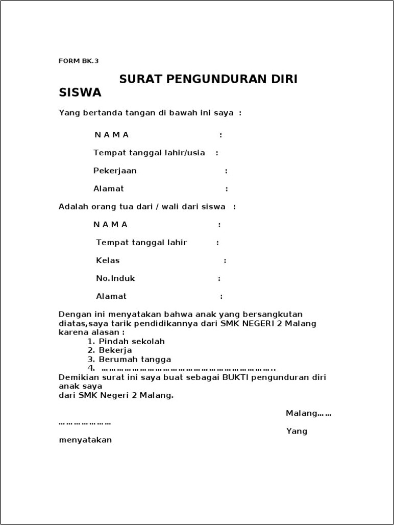 Contoh Surat Permohonan Pindah Sekolah Smp