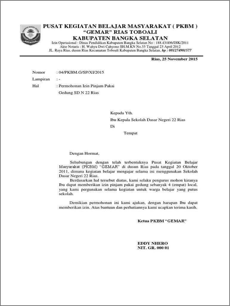 Contoh Surat Permohonan Pinjam Pakai Fasilitas Kantor Milik Pemda Kabupaten