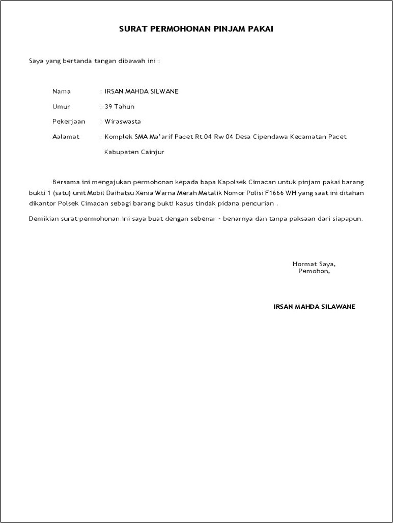Contoh Surat Permohonan Pinjam Pakai Kendaraan Di Lapas