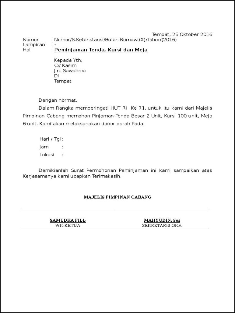 Contoh Surat Permohonan Pinjam Tenda Pada Sekolah Lain