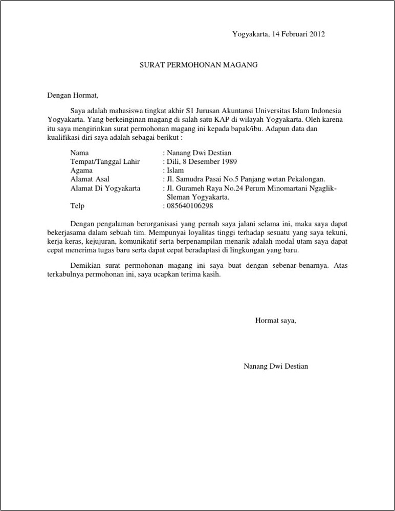 Contoh Surat Permohonan Pkl Mahasiswa Email