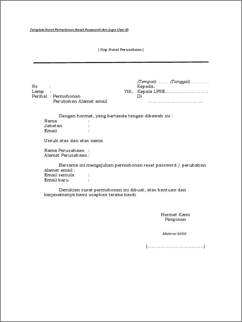 Contoh Surat Permohonan Reset Password Lpse