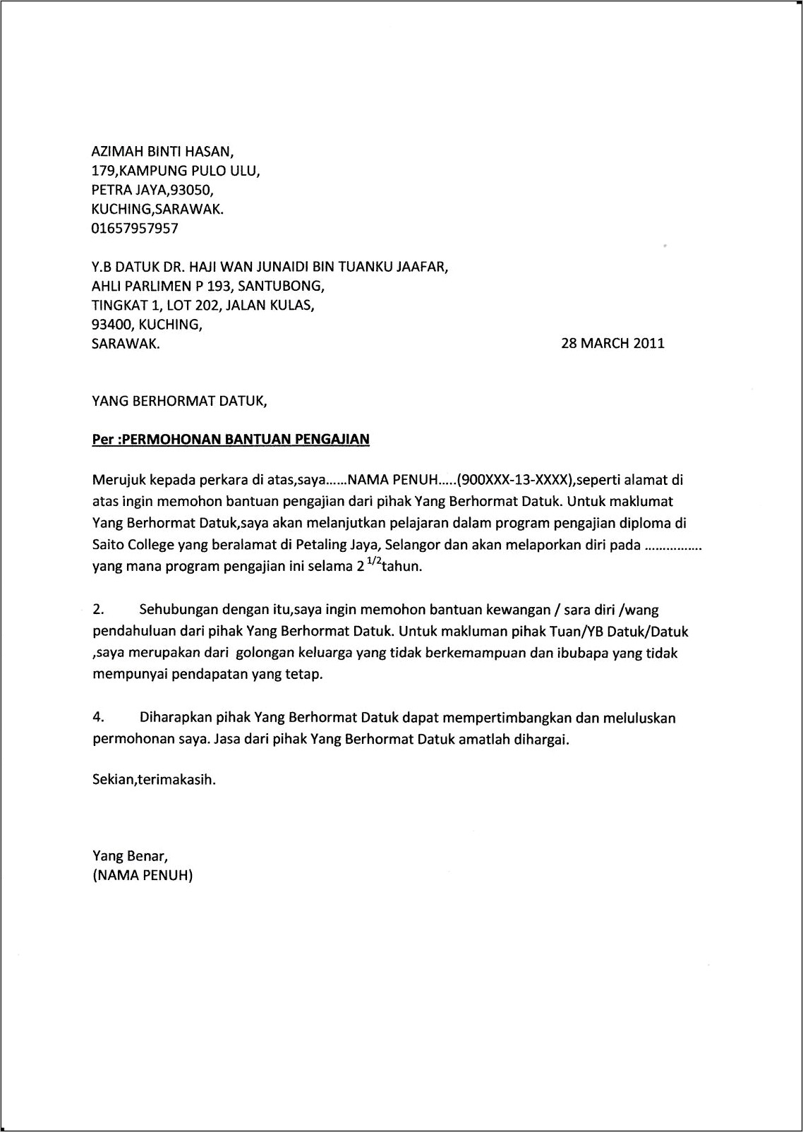 Contoh Surat Permohonan Santunan Kematian Mahasiswa Ugm