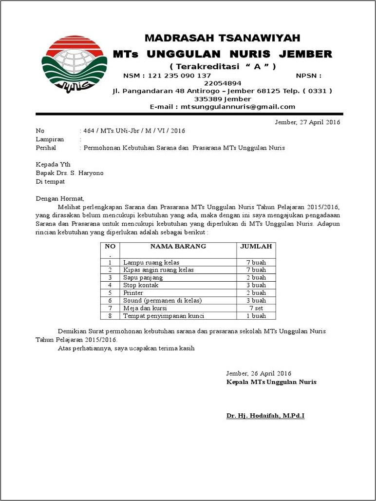 Contoh Surat Permohonan Sarana Dan Prasarana