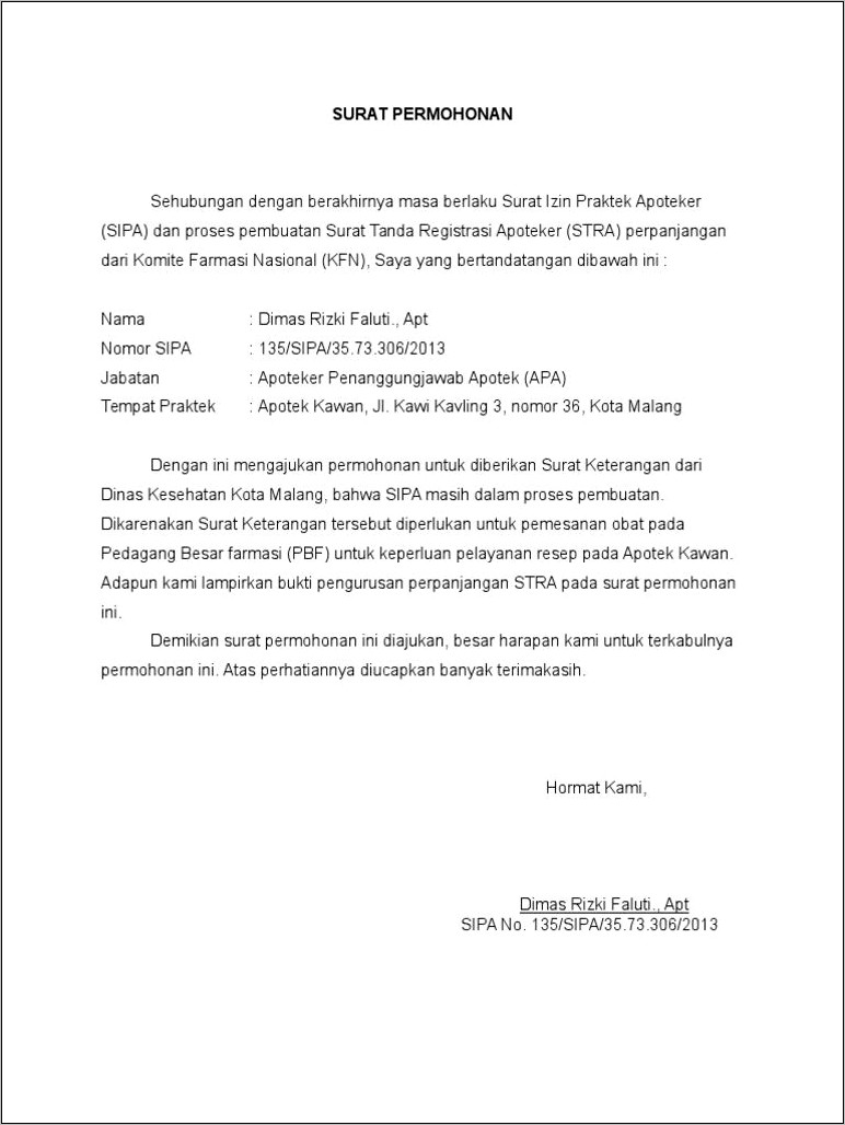 Contoh Surat Permohonan Sementara Pengurusan