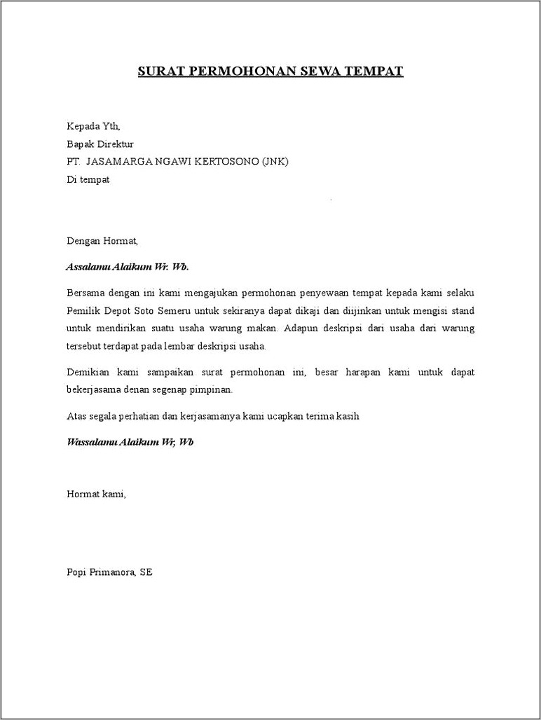 Contoh Surat Permohonan Sewa Gedung Untuk Rapat