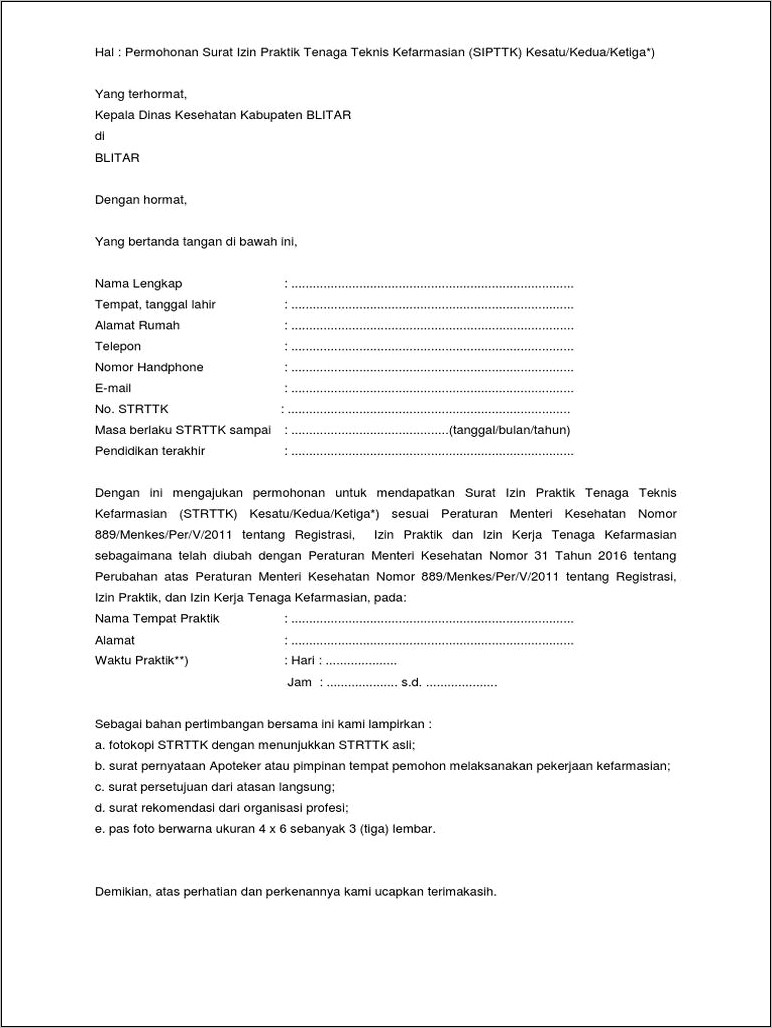 Contoh Surat Permohonan Sipttk