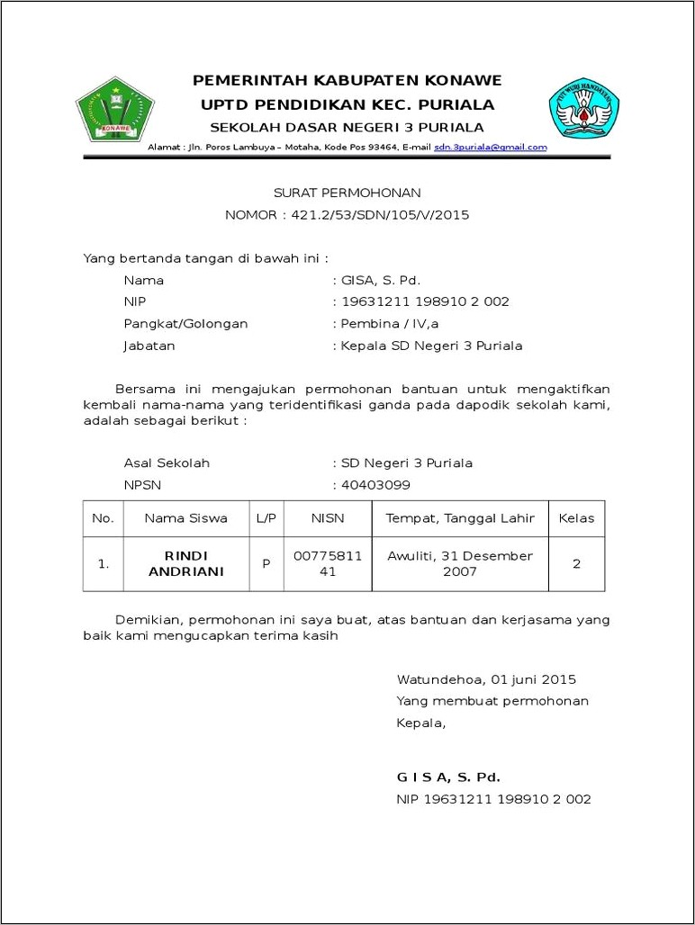 Contoh Surat Permohonan Siswa Baru