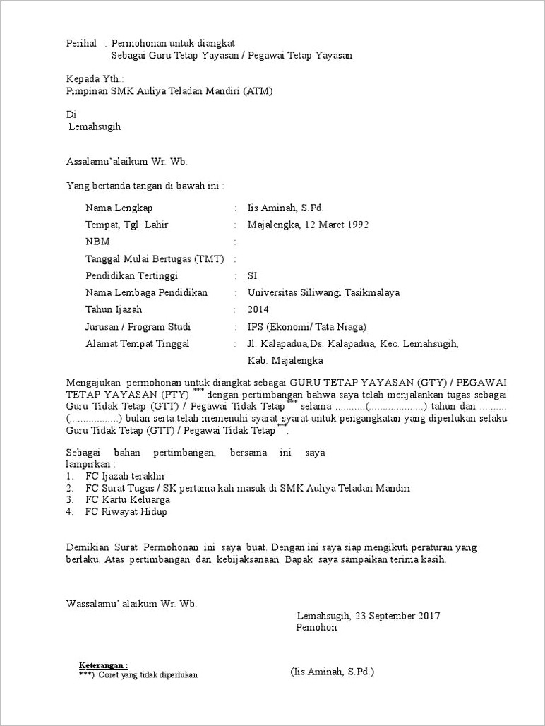Contoh Surat Permohonan Sk Gty