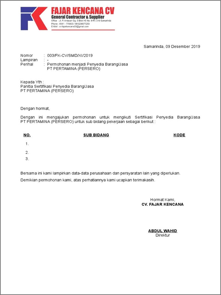 Contoh Surat Permohonan Skt Pertamina