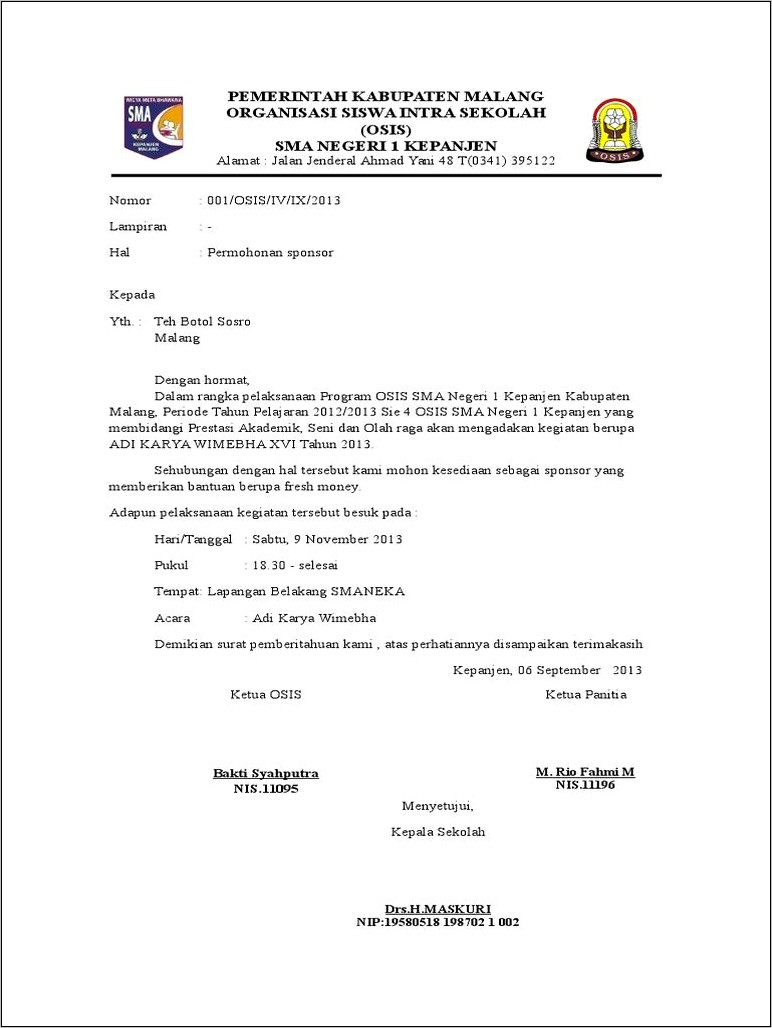 Contoh Surat Permohonan Sumbangan Osis