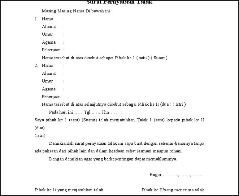 Contoh Surat Permohonan Talak Dari Istri