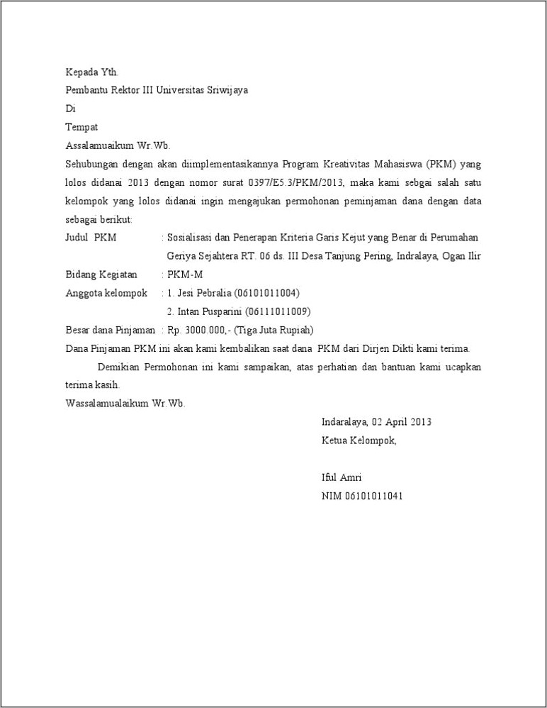 Contoh Surat Permohonan Talangan Dana
