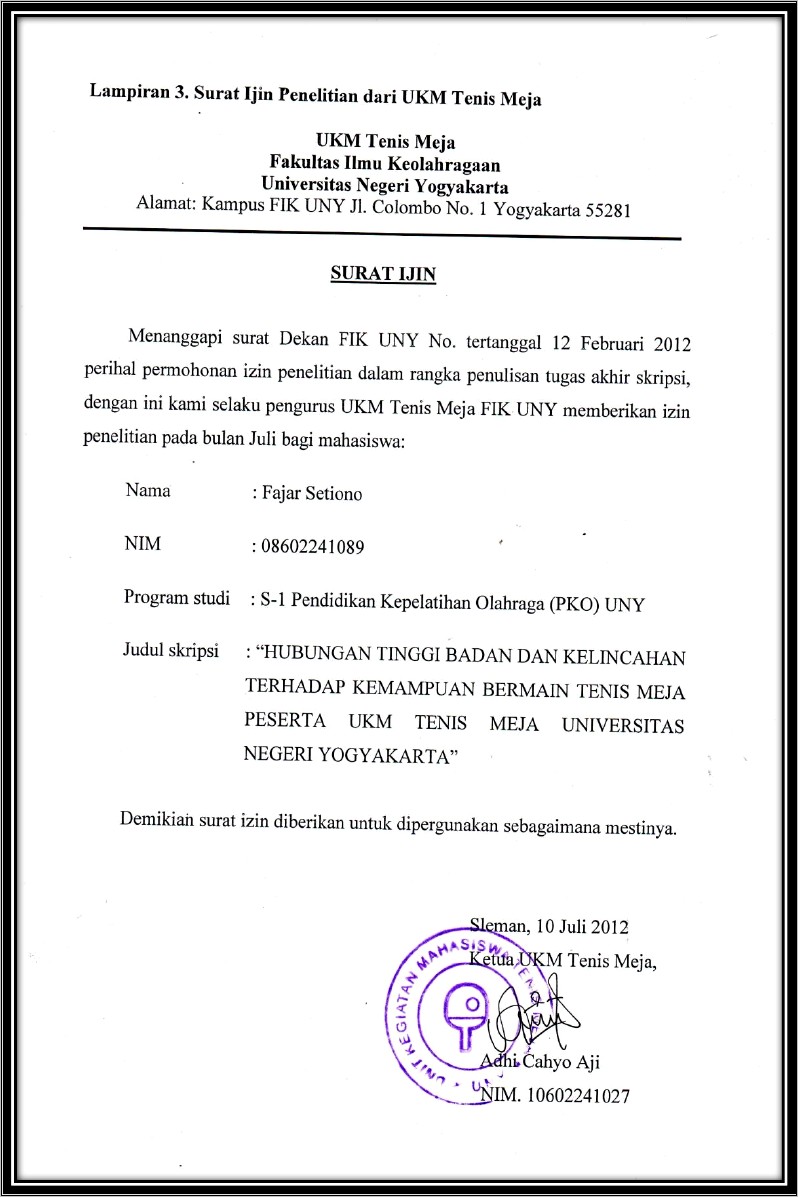 Contoh Surat Permohonan Tenis Meja
