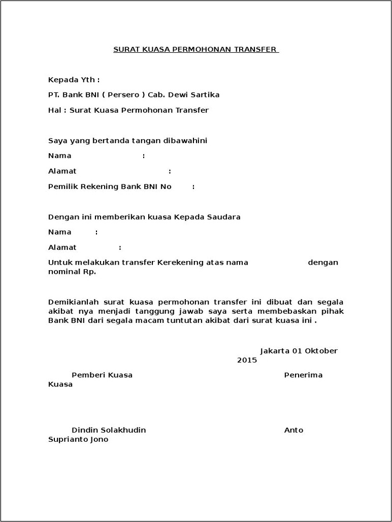 Contoh Surat Permohonan Transfer Ke Rekening