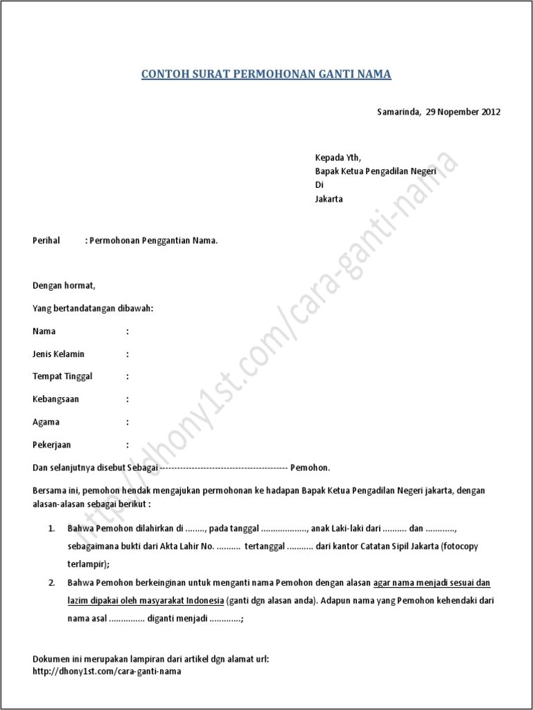 Contoh Surat Permohonan Ubah Nama