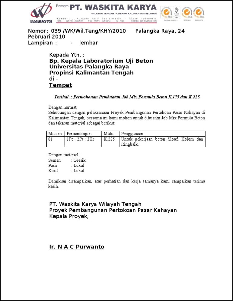 Contoh Surat Permohonan Uji Mutu Beton