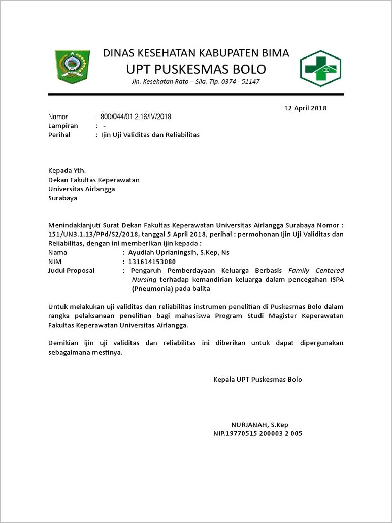 Contoh Surat Permohonan Uji Validitas Reabilitas