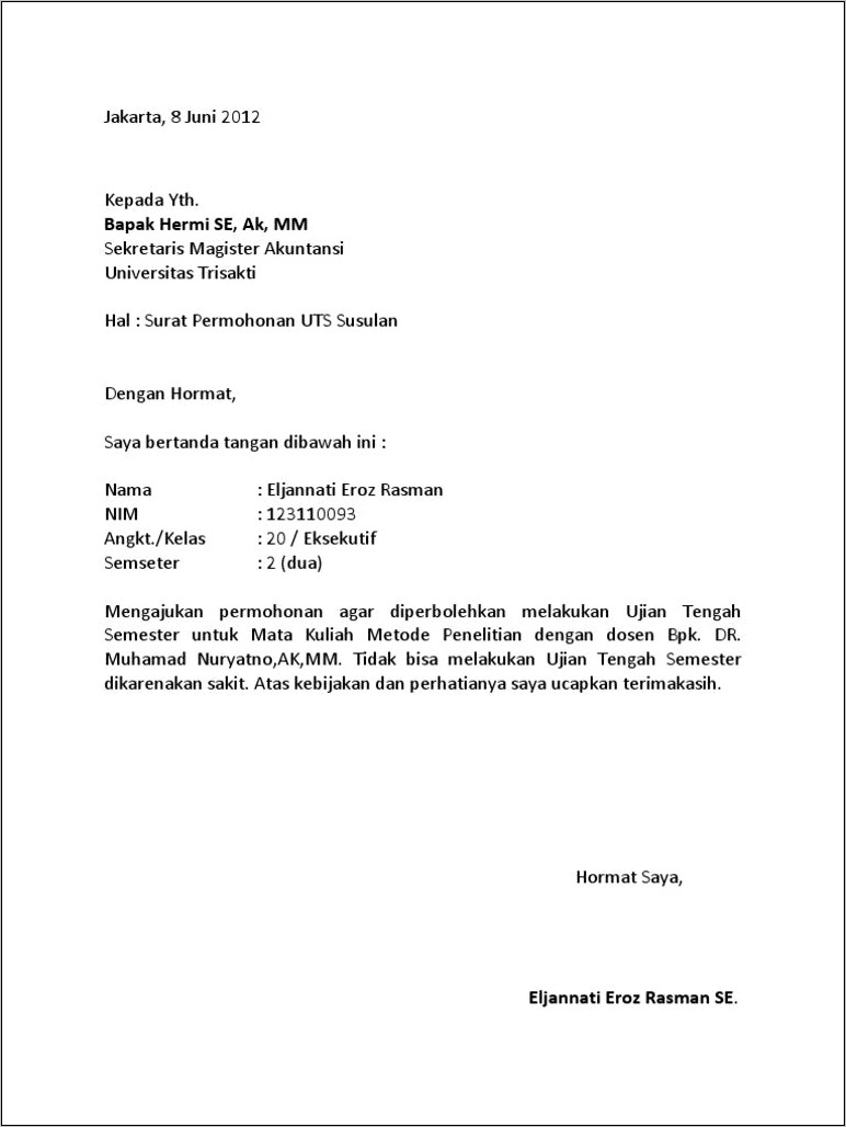 Contoh Surat Permohonan Ujian Susulan Kampus