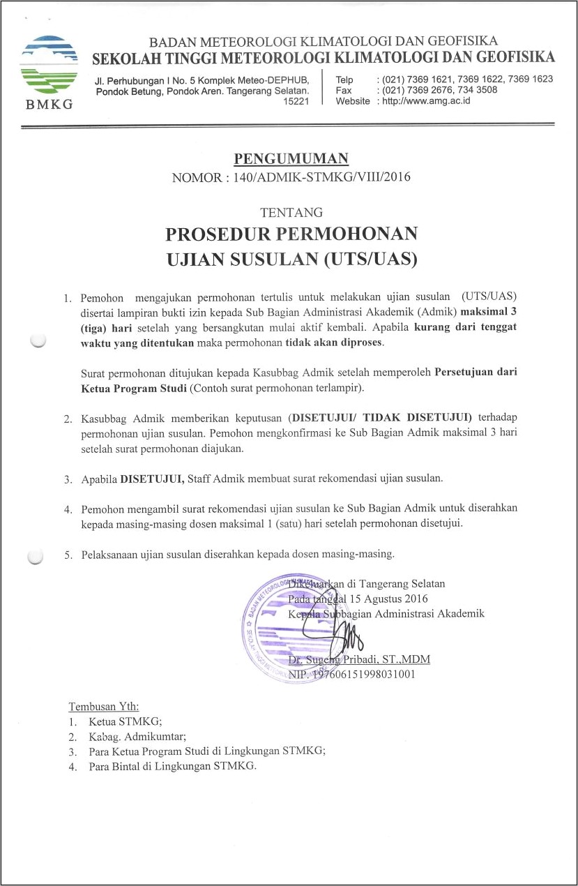 Contoh Surat Permohonan Ujian Susulan Uts