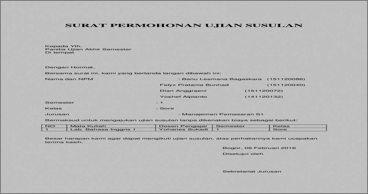 Contoh Surat Permohonan Ujian Susulan Yai