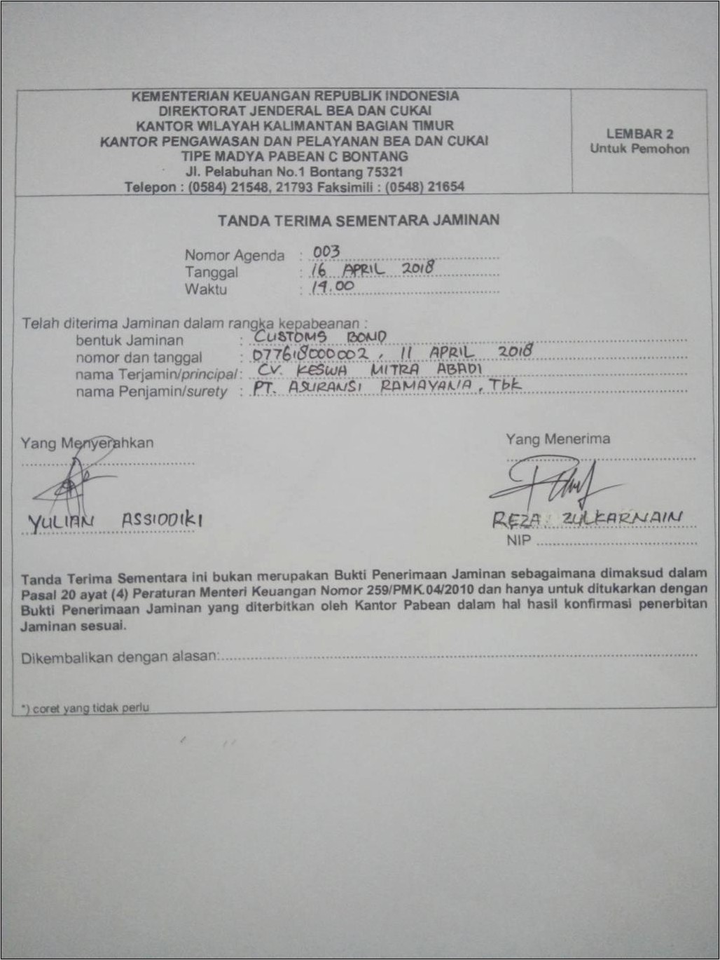 Contoh Surat Permohonan Untuk Jaminan Keberatan Bea Cukai