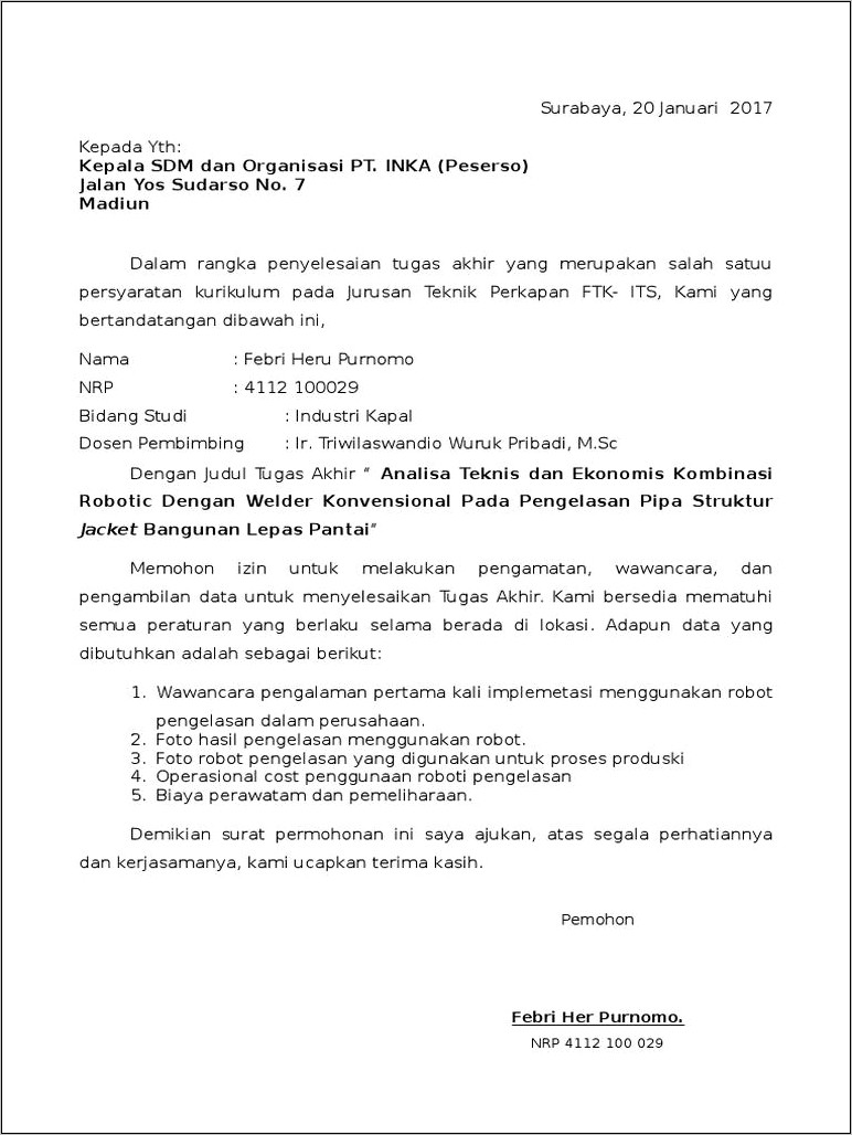 Contoh Surat Permohonan Untuk Melakukan Wawancara