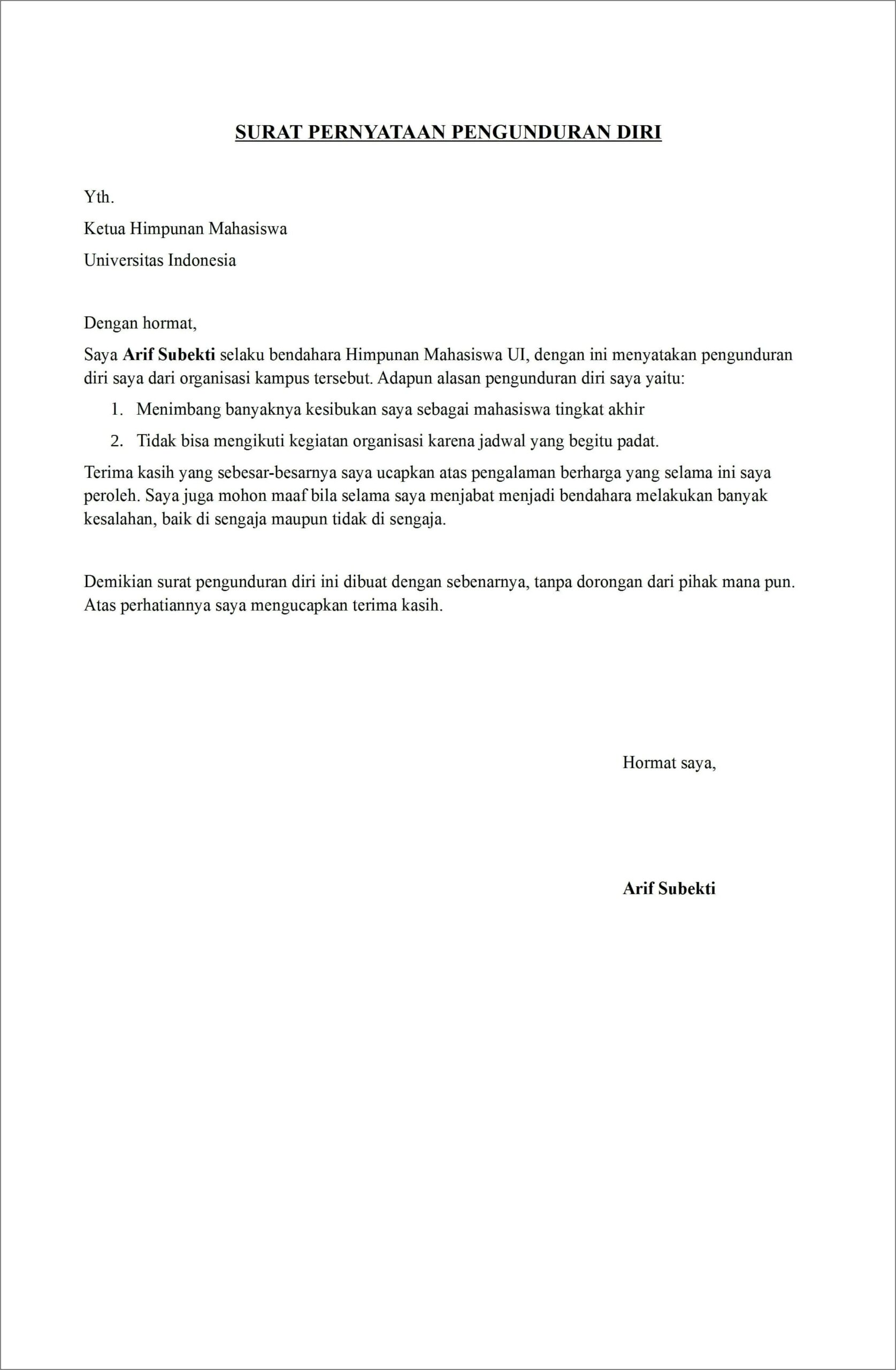 Contoh Surat Pernyataan Pemunduran Diri