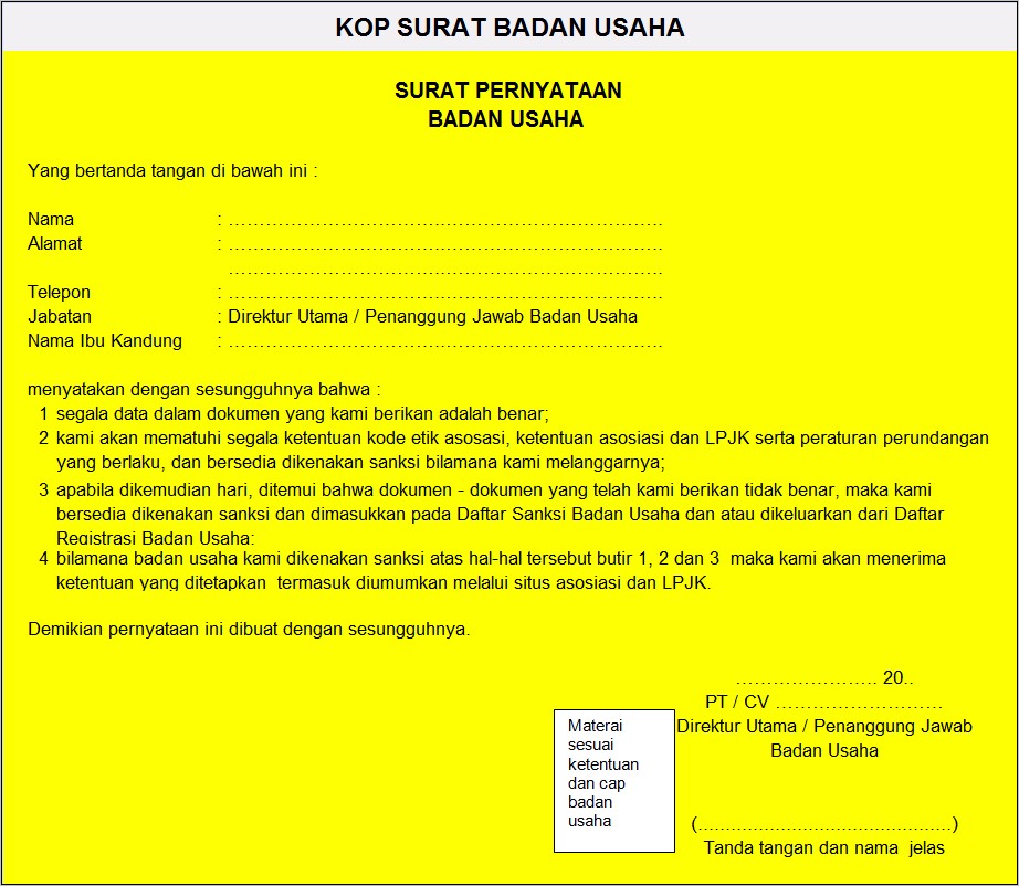 Contoh Surat Pernyataan Penanggung Jawab Badan Usaha