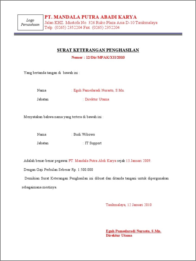 Contoh Surat Pernyataan Pendapatan Gaji