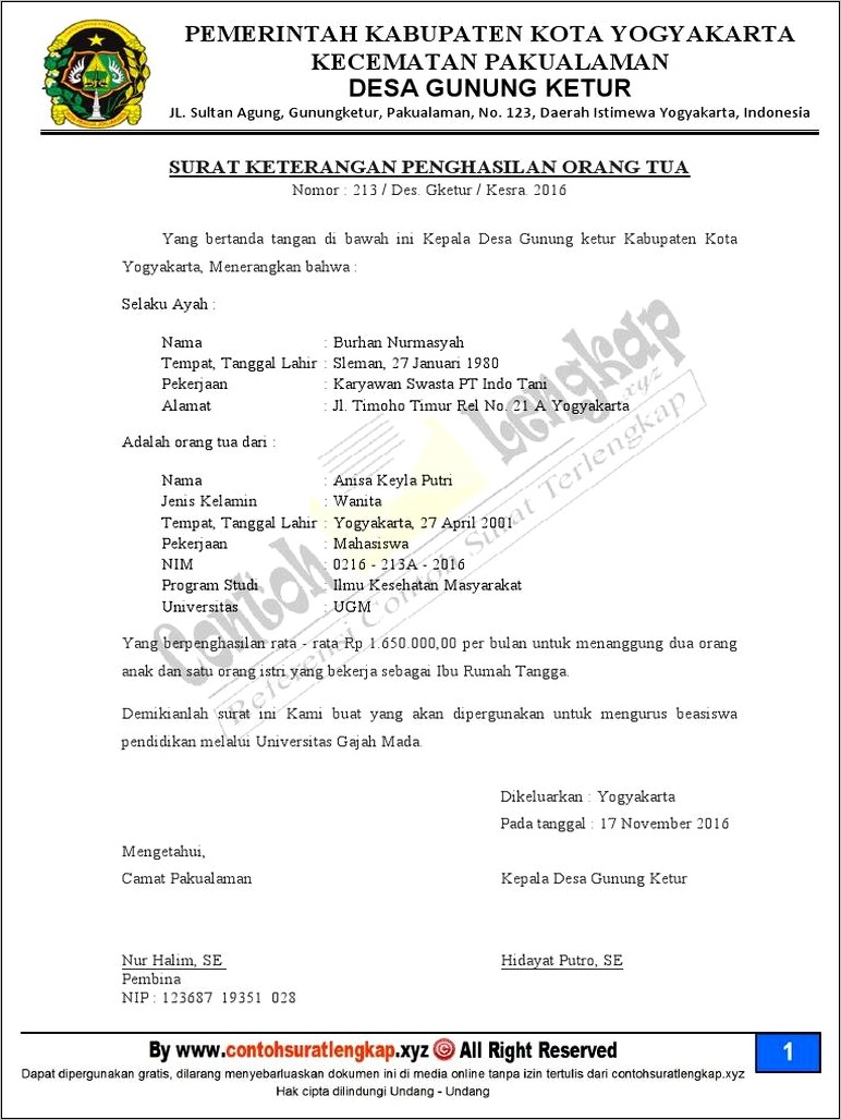 Contoh Surat Pernyataan Pendapatan