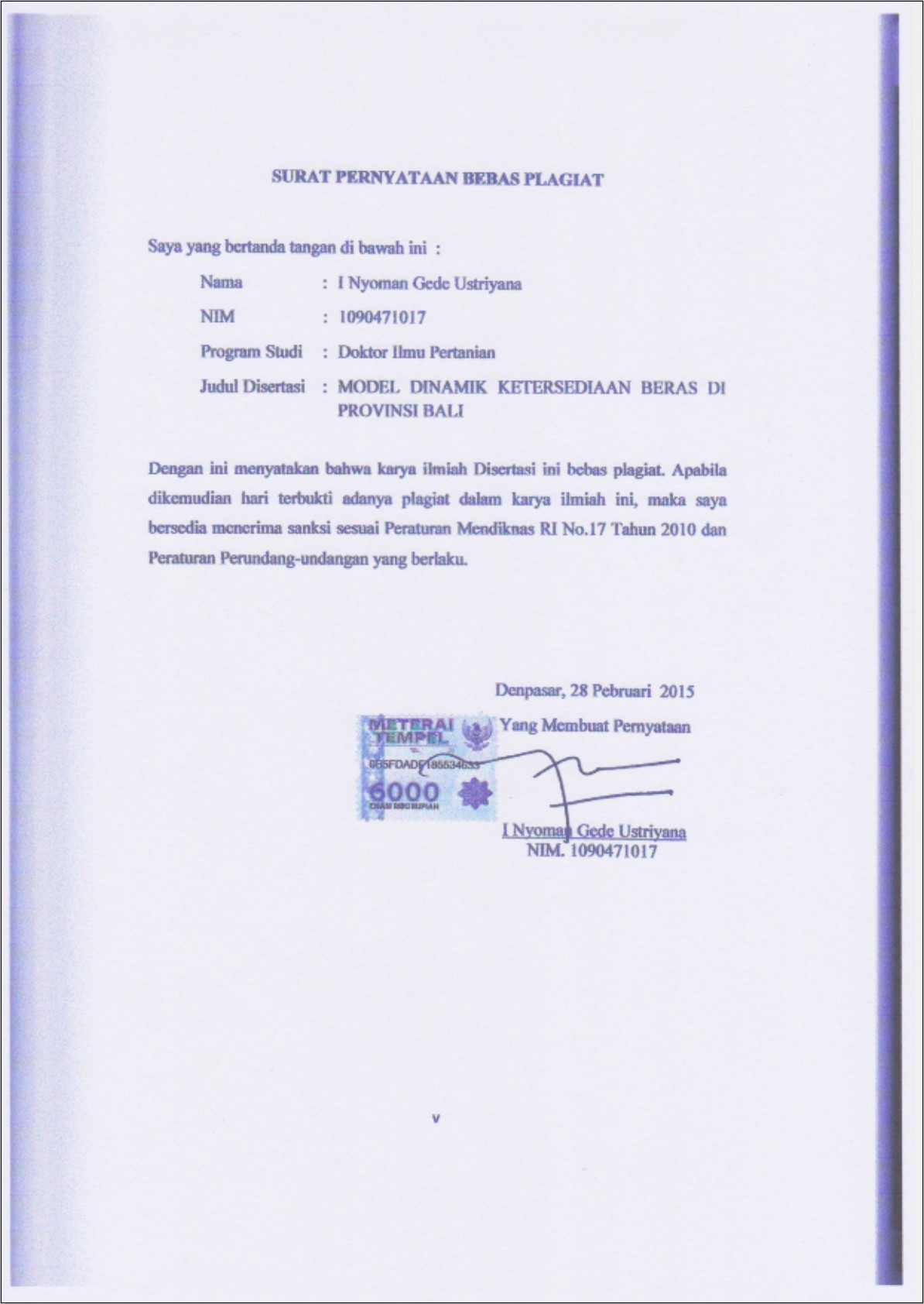 Contoh Surat Pernyataan Penelitian Bebas Plagiat