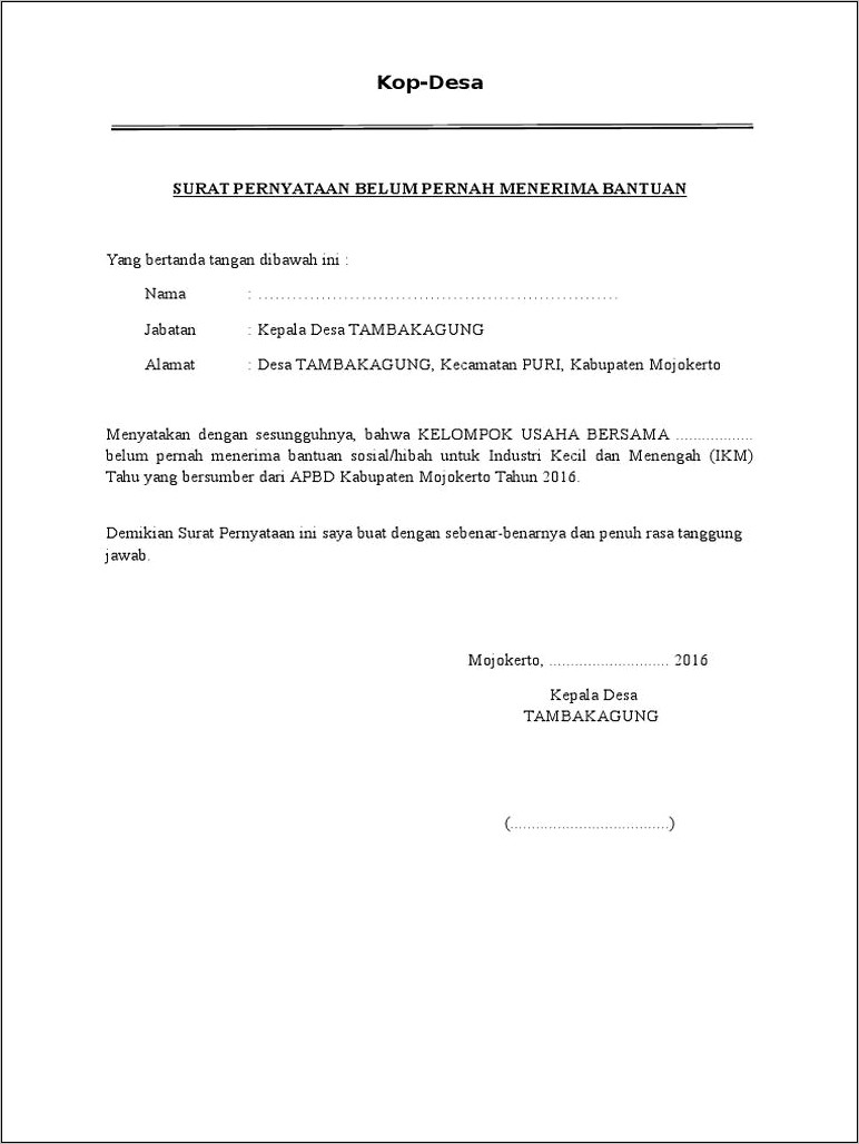 Contoh Surat Pernyataan Penerima Baranng